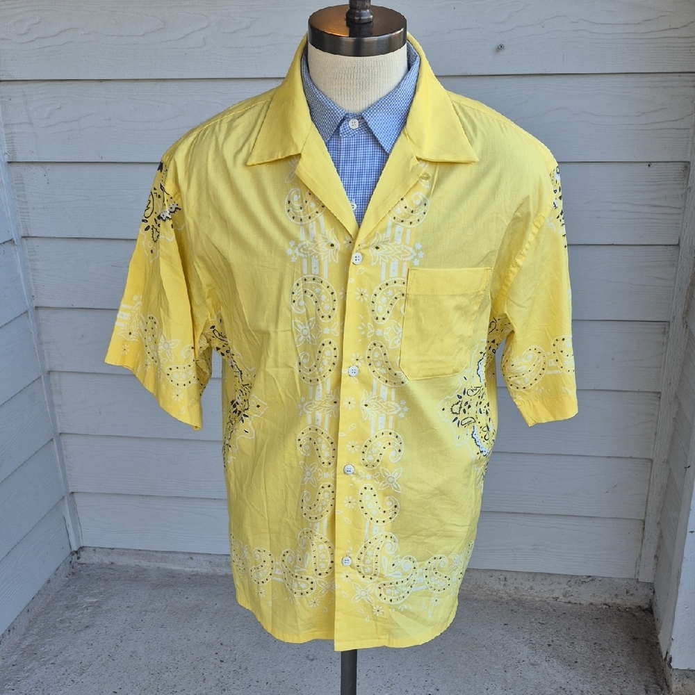 JOHN ELLIOT Yellow White Bandana Cotton Blend Sz 3 Large Button Down Camp Shirt